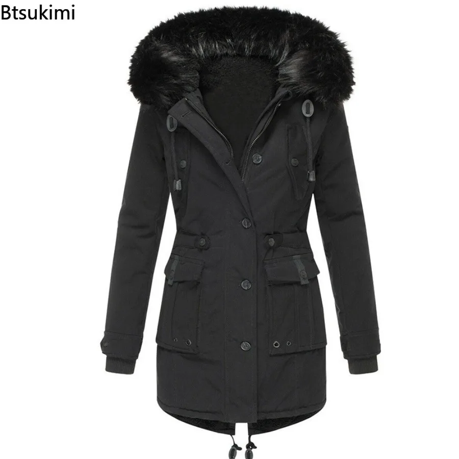 2025 Women's Thickened Warm Parka Oversized Autumn Winter Plush Cotton Jacket Coat with Fur Collar Female Hooded Warm Jacket