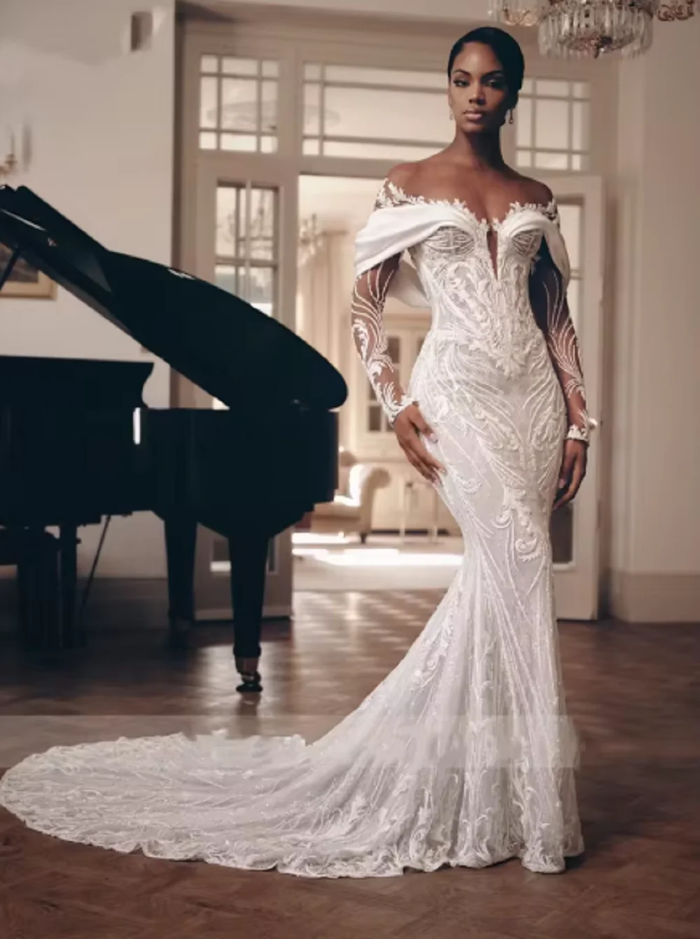 2025 دبي المملكة العربية السعودية فساتين زفاف حورية البحر لؤلؤ مثير قبالة الكتف الساتان الكشكشة خمر زي العرائس الملاك سانشيز #1