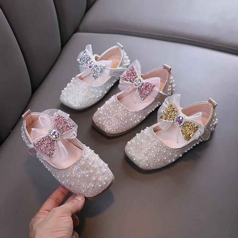 Girl Leather Shoe Sweet Bowtie Spring Autumn Children Pearl Causal Shoes Fashion Shallow Kids Wedding Party Flat Shoes Non-slip