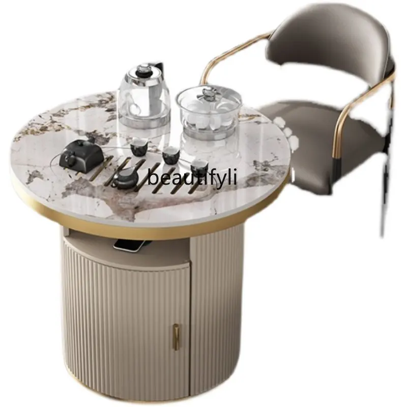 

Home Small Apartment Mobile Tea Table Modern Living Room Balcony Art Style Kung Fu Stone Plate Tea Table and Chair Combination