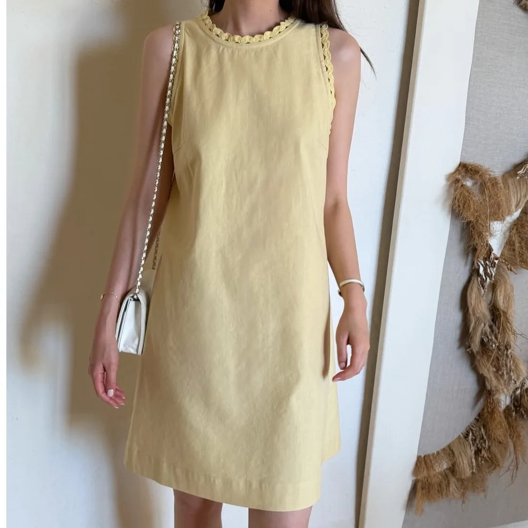 Nemo Home Two-Tone Holiday Geometry Weave Belt Decorative Sleeveless Dress Street Style A-Line Cotton Summer Dress for Women