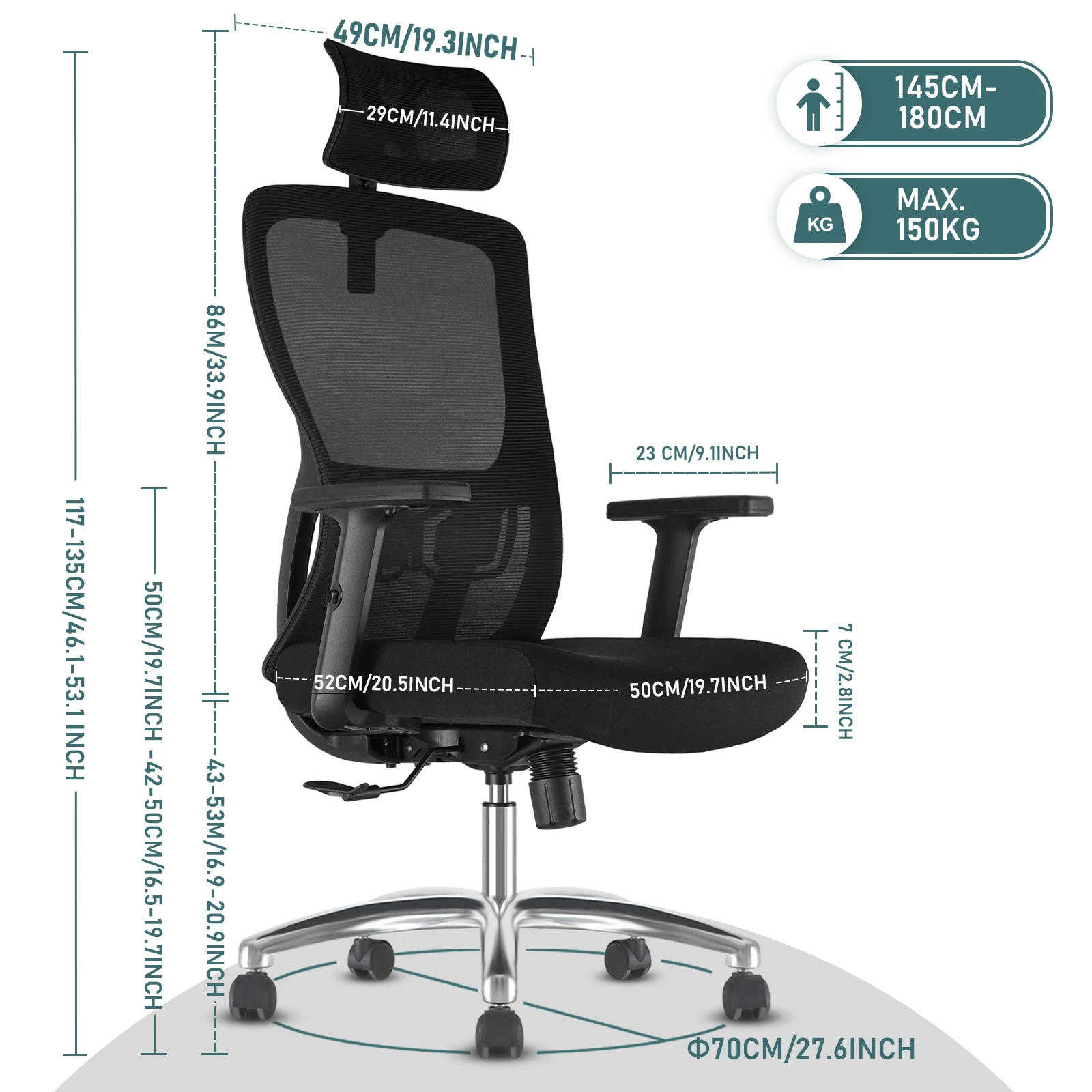 كرسي مكتب مريح من Durrafy، كرسي مكتب مع مسند رأس قابل للتعديل، مساند للذراعين ودعم قطني، كراسي دوارة شبكية، أسود