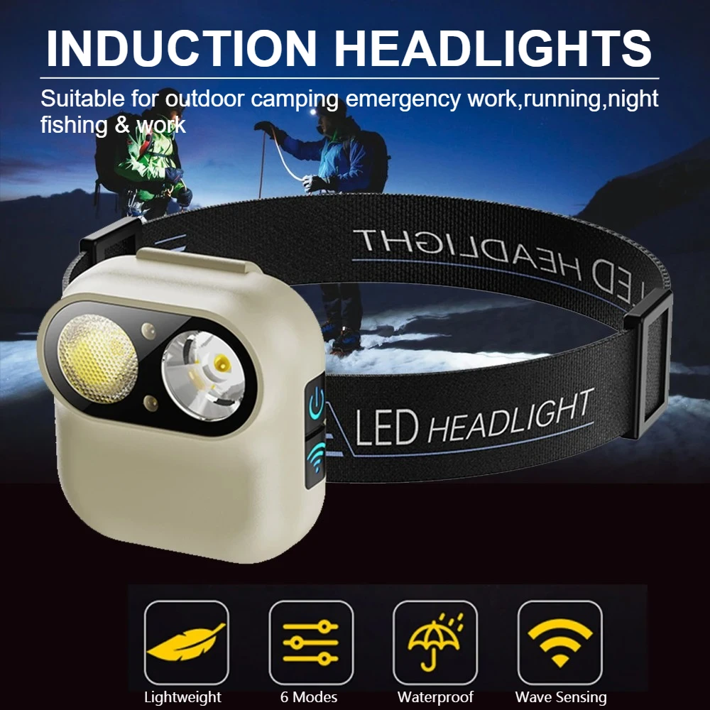 Induction LED Headlamp Rechargeable Headlight with Motion Sensor Hands-Free Head Torch for Walking Reading Repairing Camping