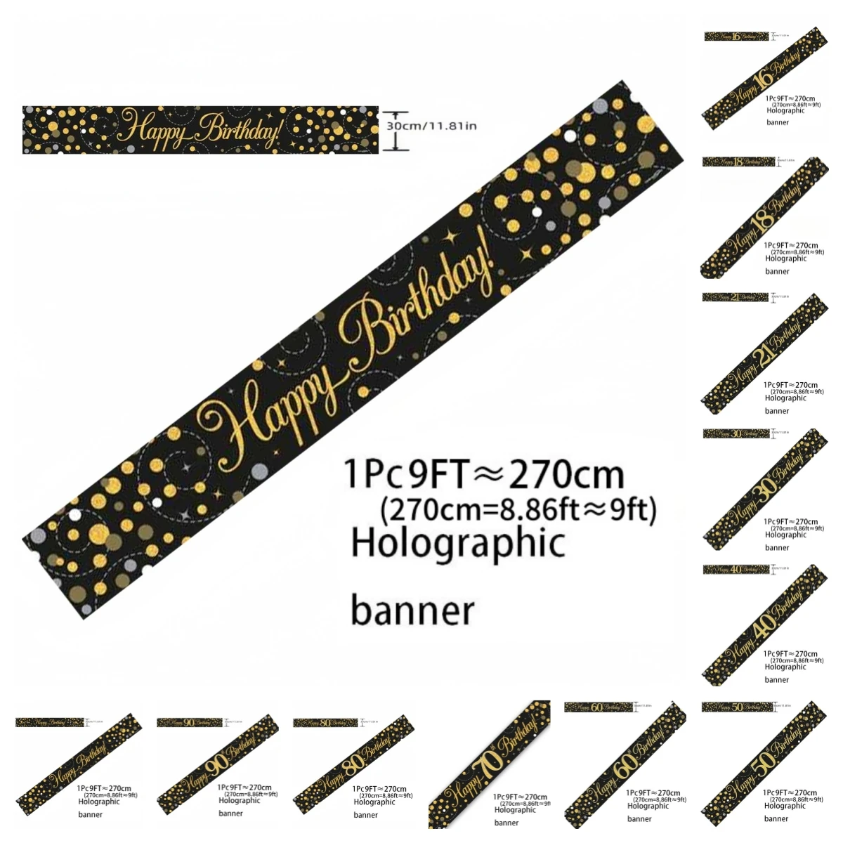 Party Banner Gold - ブラックゴールドホログラフィック誕生日バナー 9フィート グリッタードット背景幕 パーティー用品 屋内屋外テーブル吊り下げフォトブース装飾
