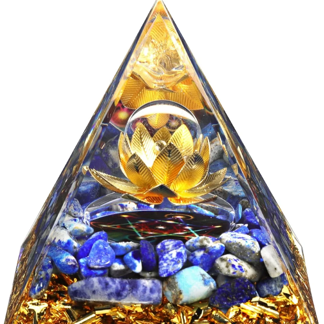 1pc Lapis Lazuli Lotus Symbole Orgone Pyramide, Crystal Organite Pyramid, Pyramid Ornament Lapis Lazuli Resin