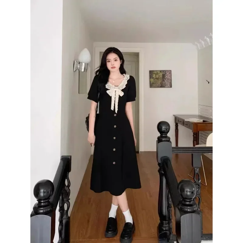 Plus Size 2025 Bow Dress Slimming Summer Style Clothing New Vintage Round Neck For Women Hiding Body Shape Stylish dfffdd2