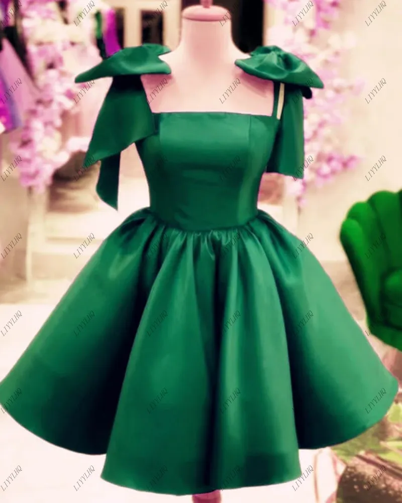 LIYYLHQ Green A Line Mini Prom Dresses Bow Straps Draped Satin Graduation Party Ball Gown Short Cocktail Evening Dresses Custom