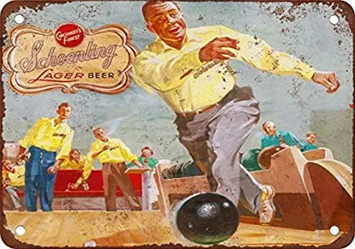 Schoenling Lager and Bowling Vintage Look Reproduction Metal Tin Sign 12X8 Inches