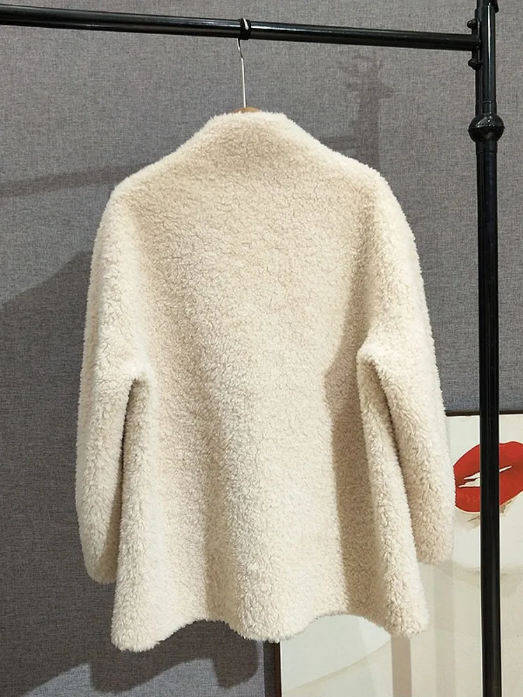 Casual Lady Double Breasted Wool Cashmere Outerwear Long Sleeves Stand Collar Warm Solid Color Winter Women Sheep Wools Jacket