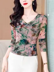 Women's Fashion New Mesh T Shirt M-3XL Basic V-neck Long Sleeve T-Shirts Women Slim Stretch Bottoming Top Tees Ladies