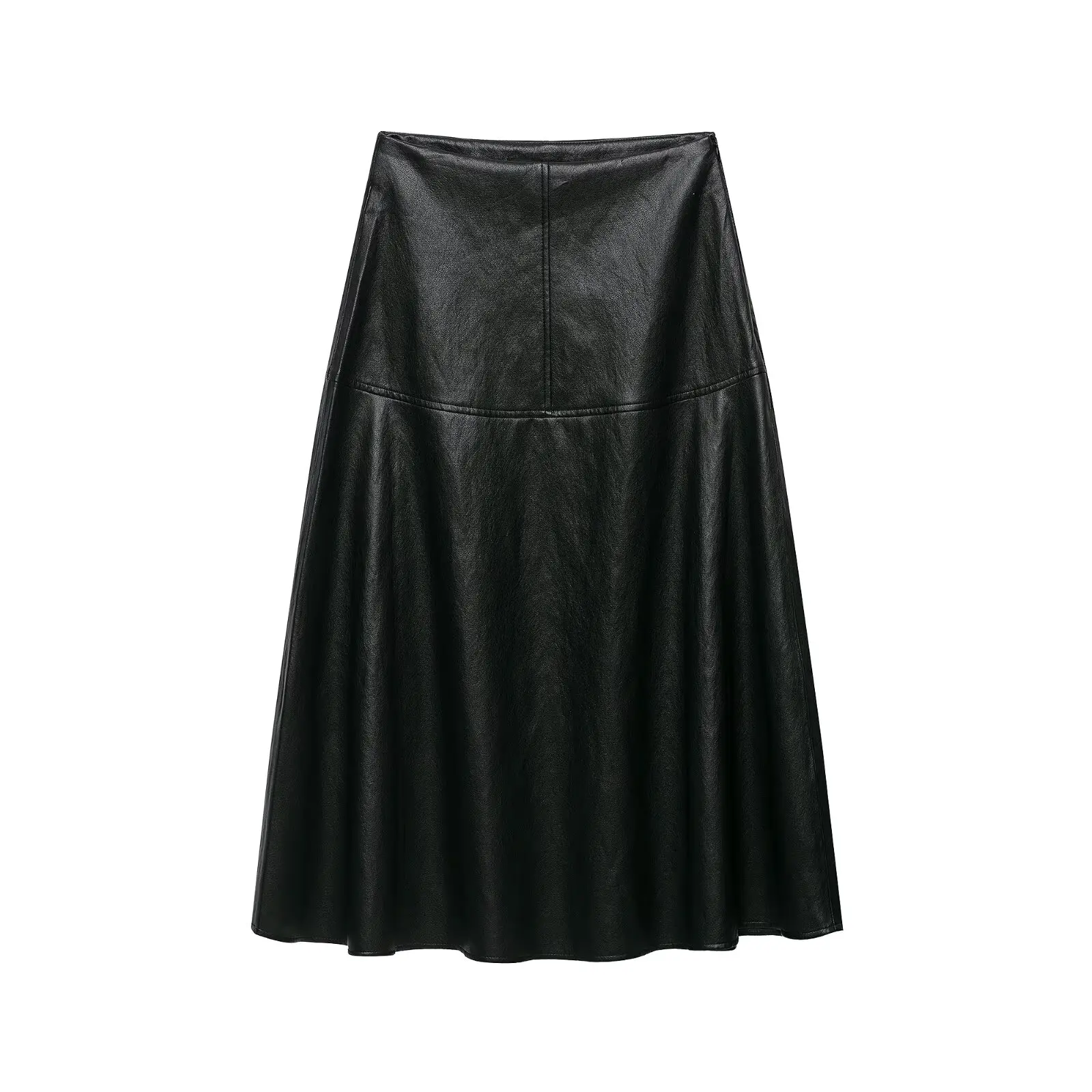 BSAY Women New Faux Leather Midi A Line Skirt High Waist Flared Skirt with Stitched Detail Solid Color Casual Fall Winter Skirt