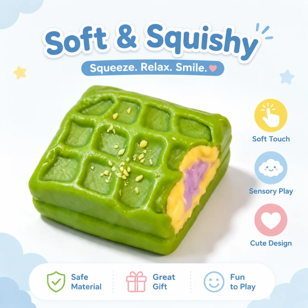 Food Grade Matcha Waffle Squishy Toy Soft Squeeze Stress Relief Toy Simulation Filled Waffle Fidget Toy Slow Rebound Decompress