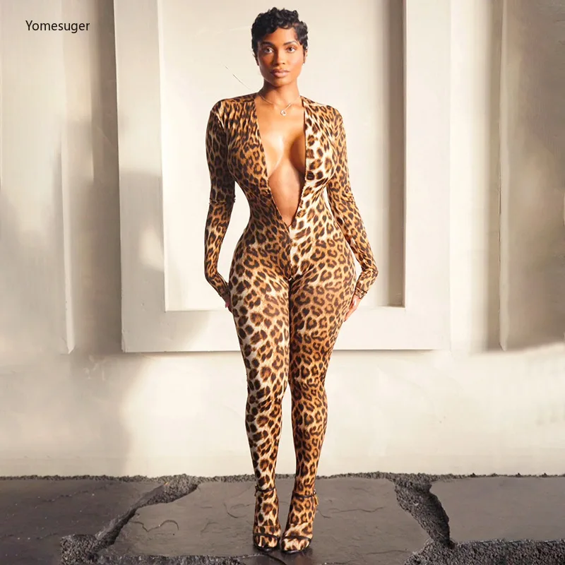 Yomesugar الخريف مثير ليوبارد طباعة حللا امرأة العميق الخامس الرقبة الانقسام عارية الذراعين كم كامل Bodycon السروال القصير منتصف الليل كلوبوير #2