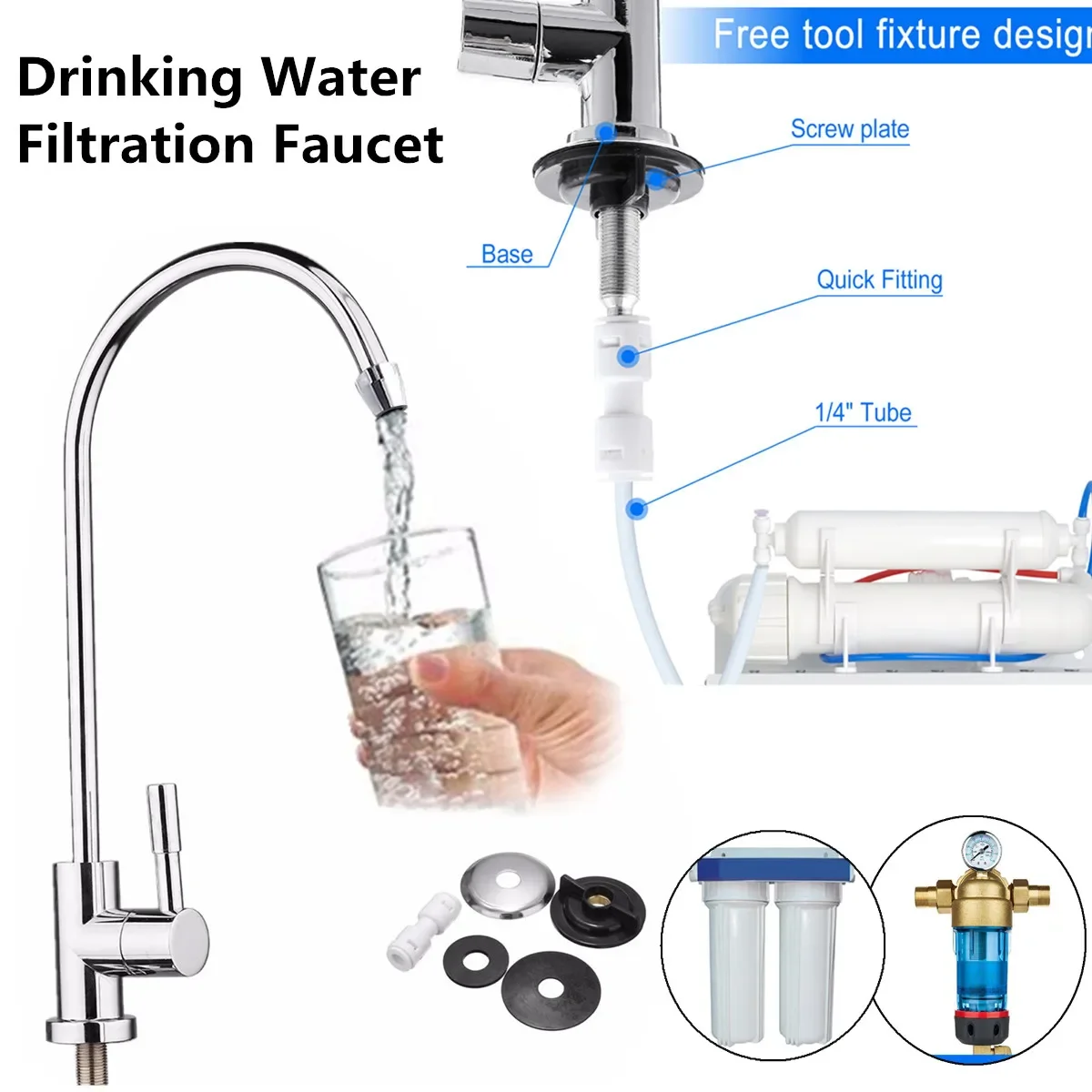 Kitchen Water Filter Faucet Chrome Plated 1/4 Inch Connect Hose Reverse Osmosis Parts