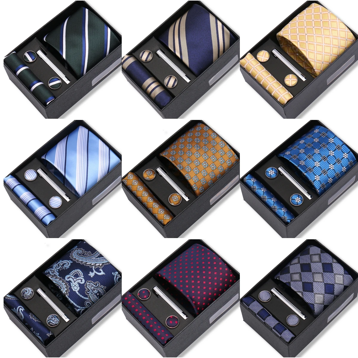 conjunto-de-presente-de-casamento-gravata-lenco-de-bolso-abotoaduras-e-prendedor-de-gravata-de-luxo-e-moda-em-caixa-azul-com-estampa-paisley-e-caixa-preta-acessorios-de-negocios
