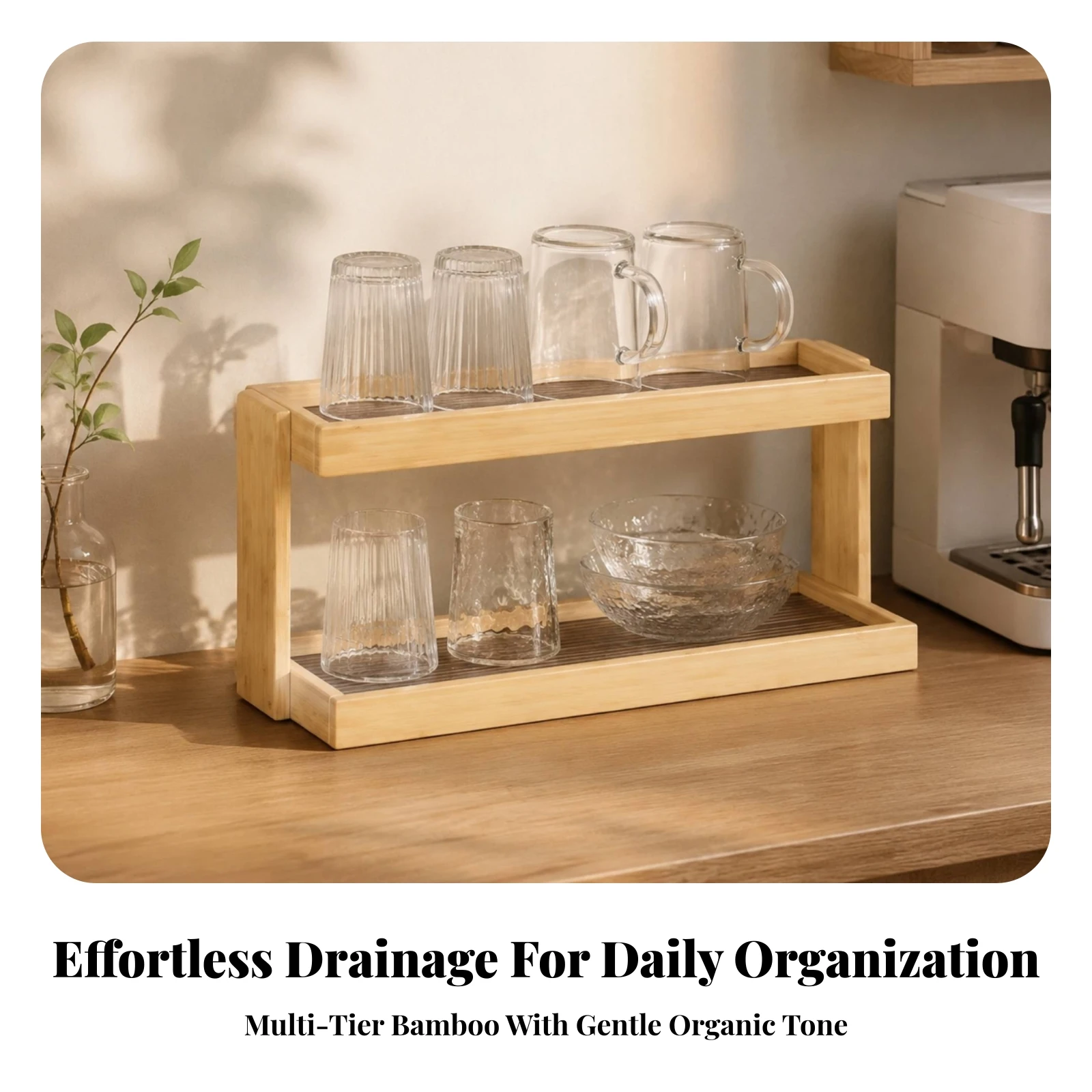 Cup Rack with Bamboo Frame Multipurpose Storage Display Shelf with Acrylic Panels Coffee Bar Shelf No-Drill view 6