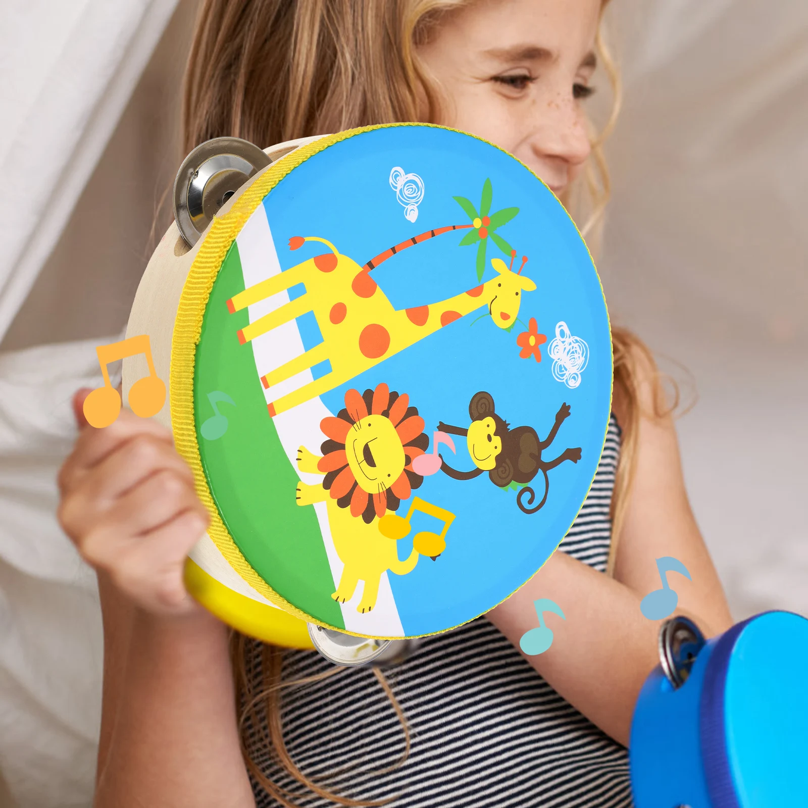 2 個タンブリストドラムセット音楽おもちゃハンドルタンバリン揺れジングルベル布打楽器楽器子供ハンドヘルド