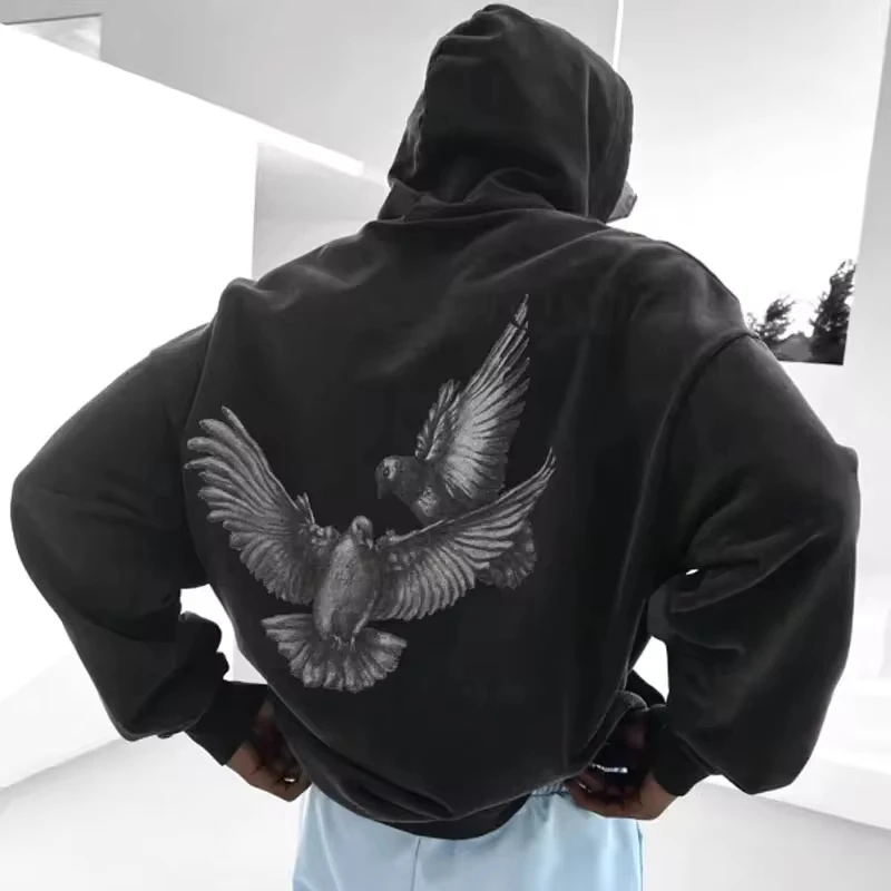 

Fashion Eagle Print Large Size Hoodie Autumn Oversized Loose Black Men's Hoodie Pure Cotton Soft Fitness Running Men Sweatshirt