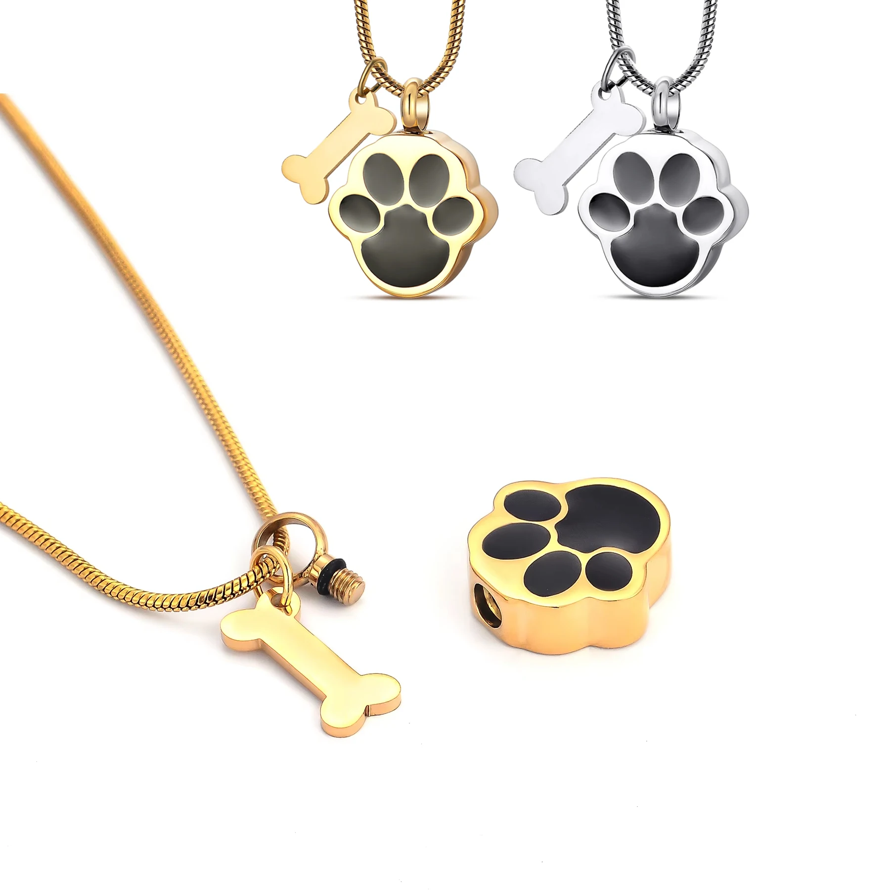 

Paw Print Cremation Urn Necklace with Bone for Ashes Pet Cat Dog Stainless Steel Keepsake Memorial Jewelry Dropshipping