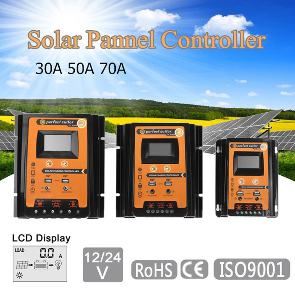 MPPT PWM Solar Controller 70A 50A 30A LCD Display Solar PV Charge Controller 12V 24V Battery Intelligent Regulator Dual USB