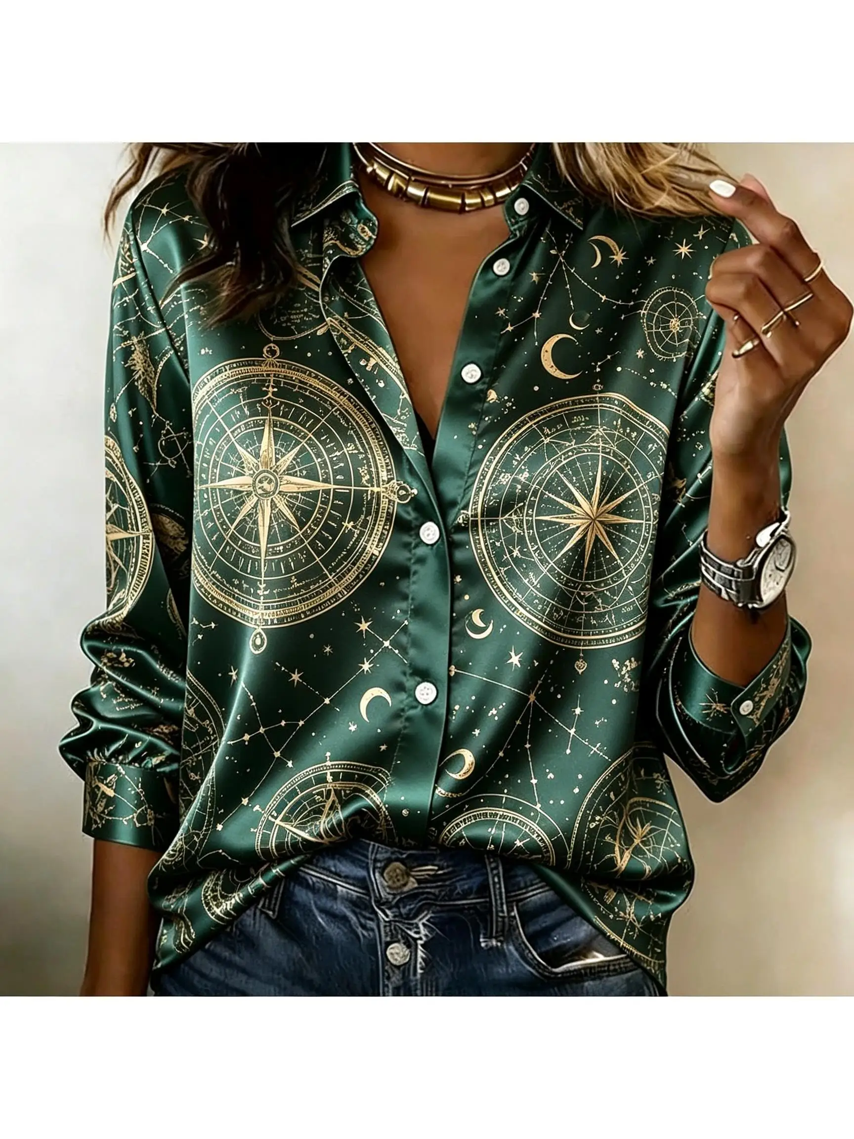 Women Tropical Floral Constellation Moon Print Lapel Collar Long Sleeve Shirt Loose Button Down Casual Fashion Blouse Tops