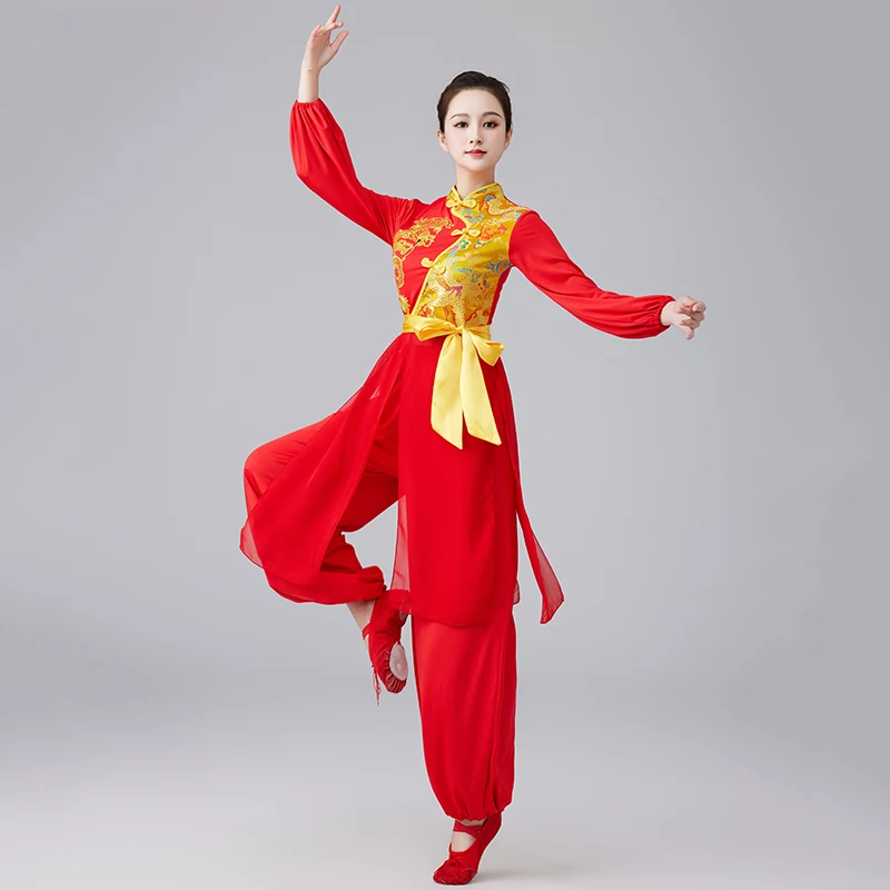 Tradycyjny chiński strój narodowy, starożytny strój do tańca perkusyjnego Yangko, strój do tańca z wachlarzami, ludowy, elegancki strój do występów tanecznych.