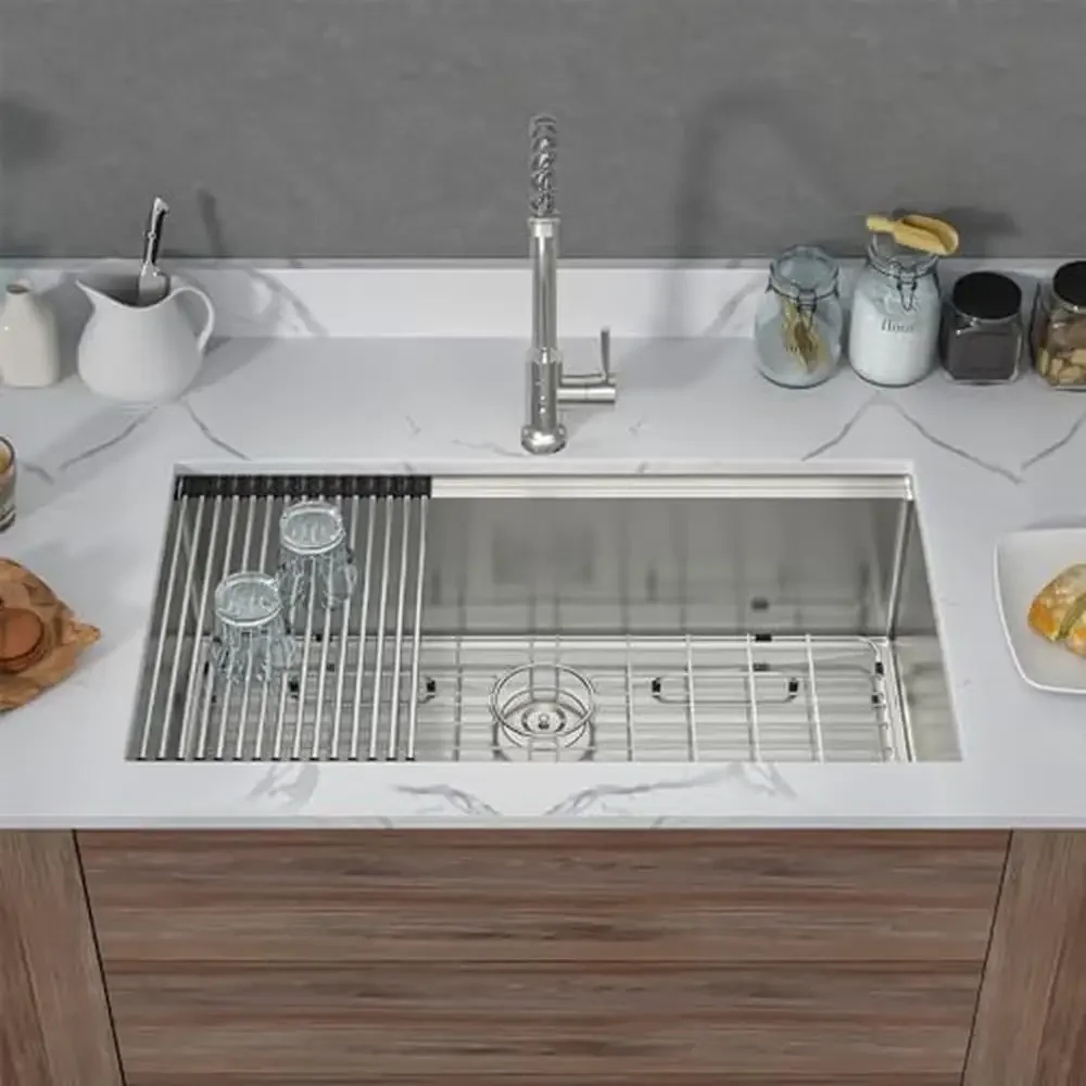 Lavello da cucina in acciaio inossidabile da 30 pollici, postazione di lavoro sottopiano, vasca singola, calibro 16 con accessori, tecnologia di protezione del suono, rotondo R10