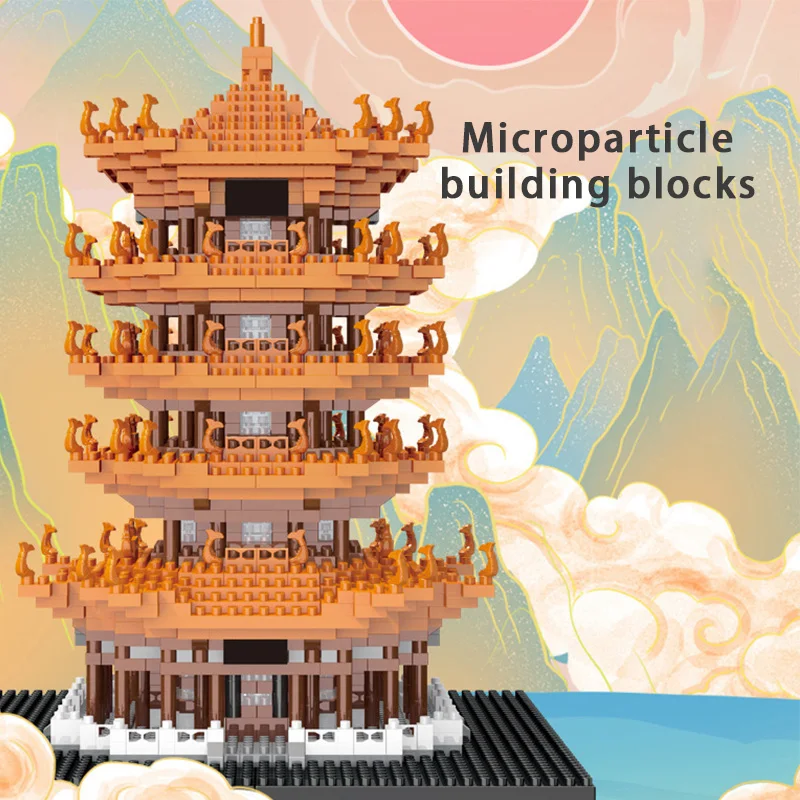 Jouet d'assemblage de tour de grue jaune pour garçon, architecture ancienne chinoise, puzzle de micro-particules, haute difficulté, fille chic chinoise