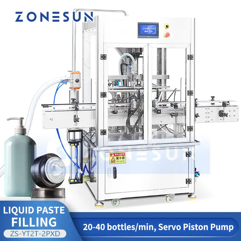 ZONESUN ZS-YT2T-2PXD Auto Servo Piston Pump Filling Machine 2 Heads High Viscosity Paste Liquid Shampoo Lotion Detergent Filler