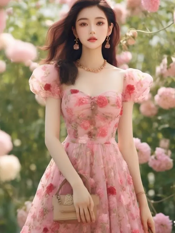 French retro rose V-neck bubble sleeve dress with summer niche design and waist cinching fairy long dress