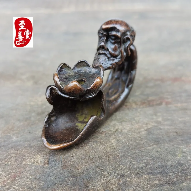Antique Collection: Old Patina Alloy Bronze Living Room Decorative Ornament - Daruma Patriarch Backflow Incense Burner3x1x3CM
