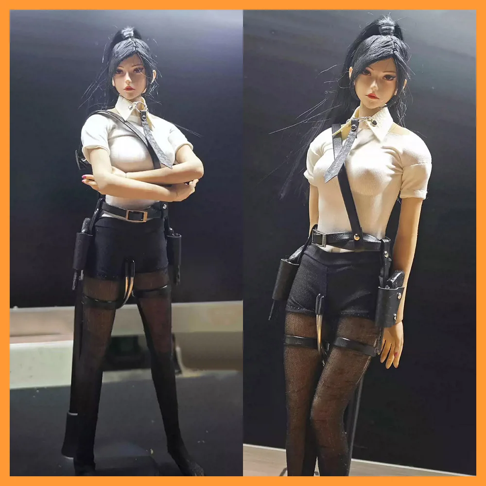 1/6 Female Soldier Cool Clothes Set Tight White T-shirt Black Shorts Leather Tie Belt with 2 Revolver for 12