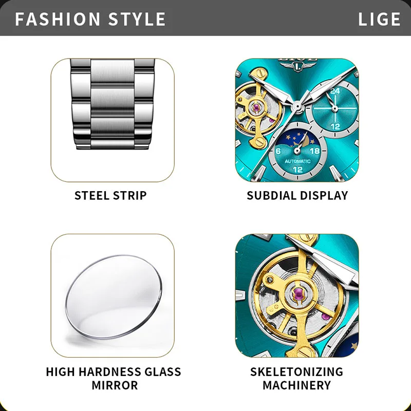 LIGE 2025 Business Men's Watch Luminous 30m Waterproof Mechanical Watch Fashion Moon Phase Luxury Watches for Men Reloj Hommes