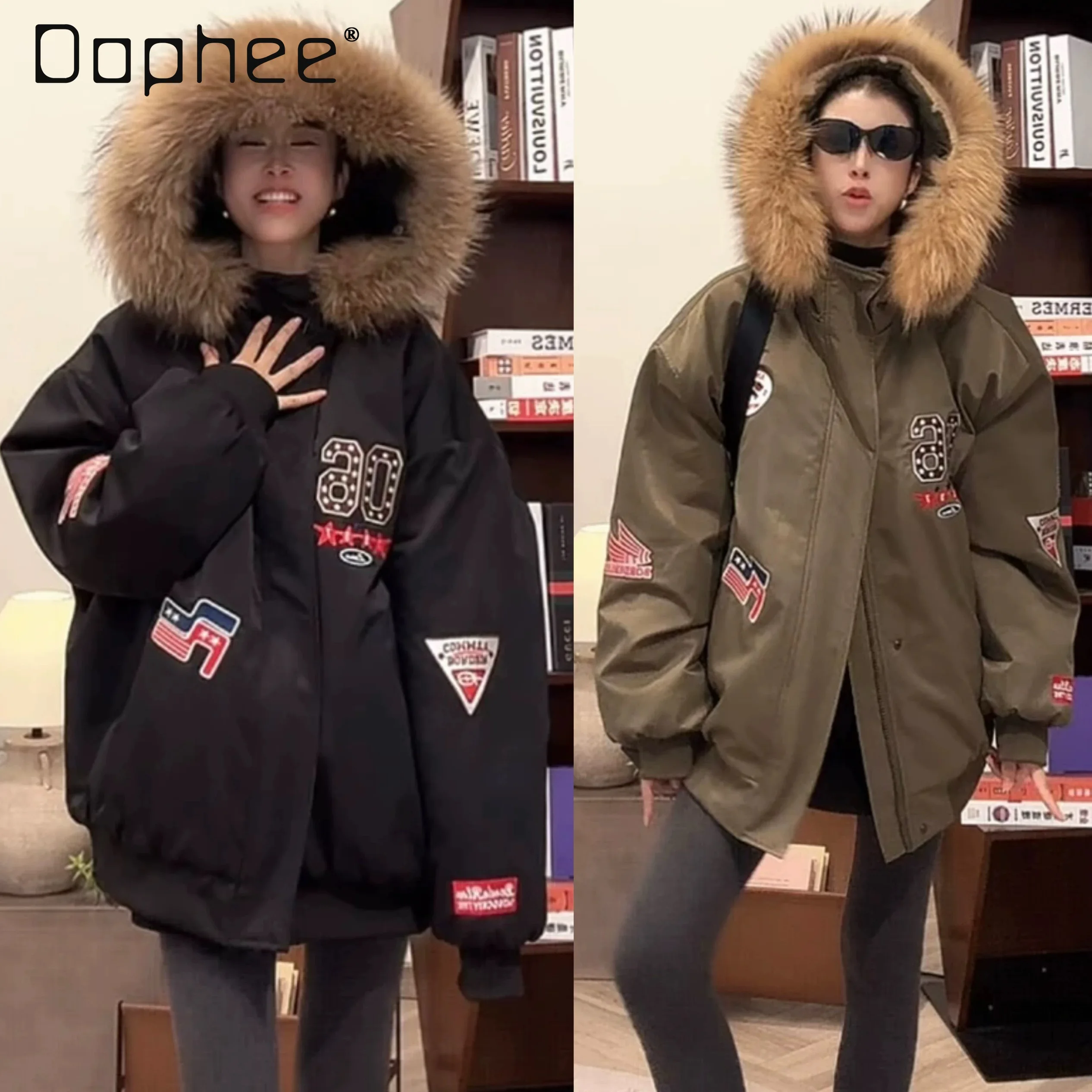 

European Style Faux Fur Collar Hooded Embroidered Letter Cotton Jacket for Women Winter Loose Fashionable Thickened Warm Parka