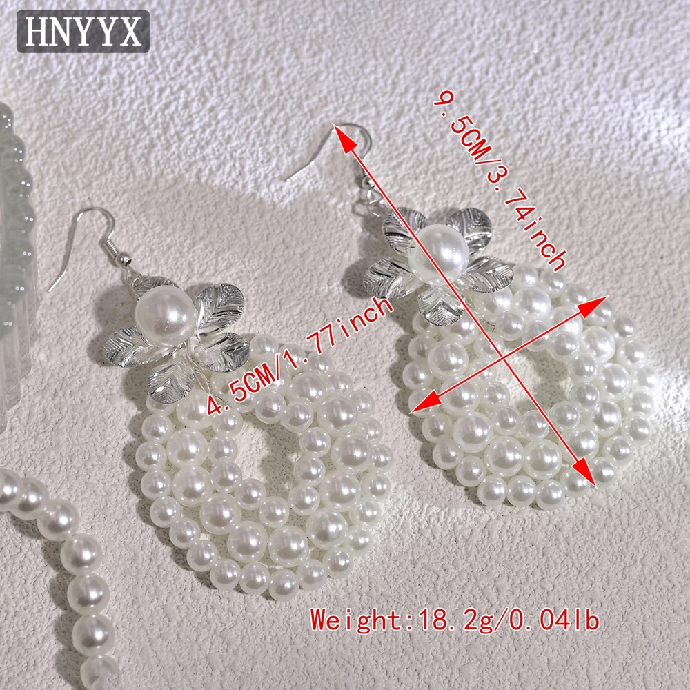 HNYYX موضة اللؤلؤ الأقراط الطويلة هندسية مستديرة ياردروب للنساء زهرة أقراط العروس مجوهرات الزفاف اكسسوارات B13