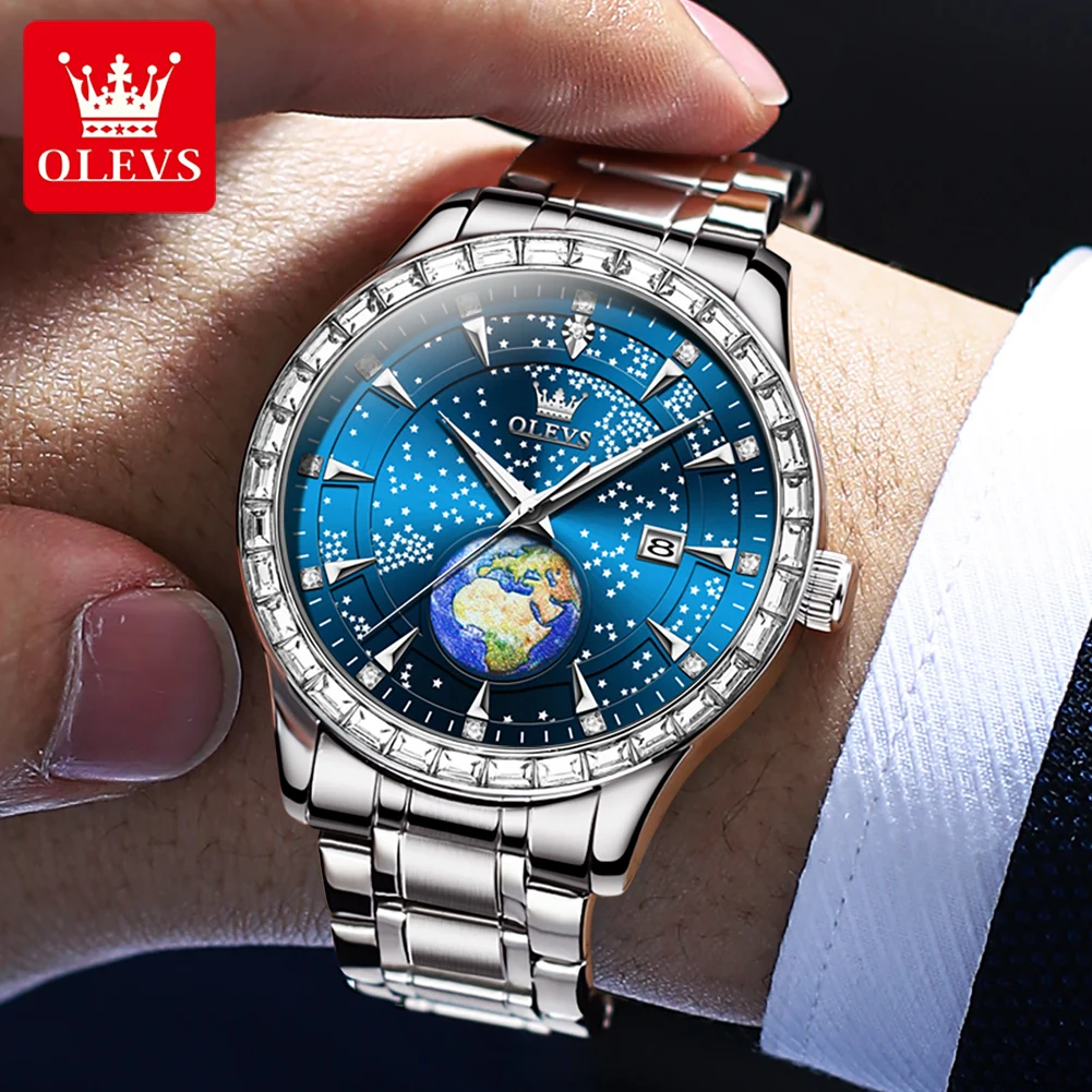 OLEVS Quartz Men\'s Watch Luxury Starry Sky Globe Diamond Dial Blue Leather Wristwatch Stainless steel Quartz Watch for Man New