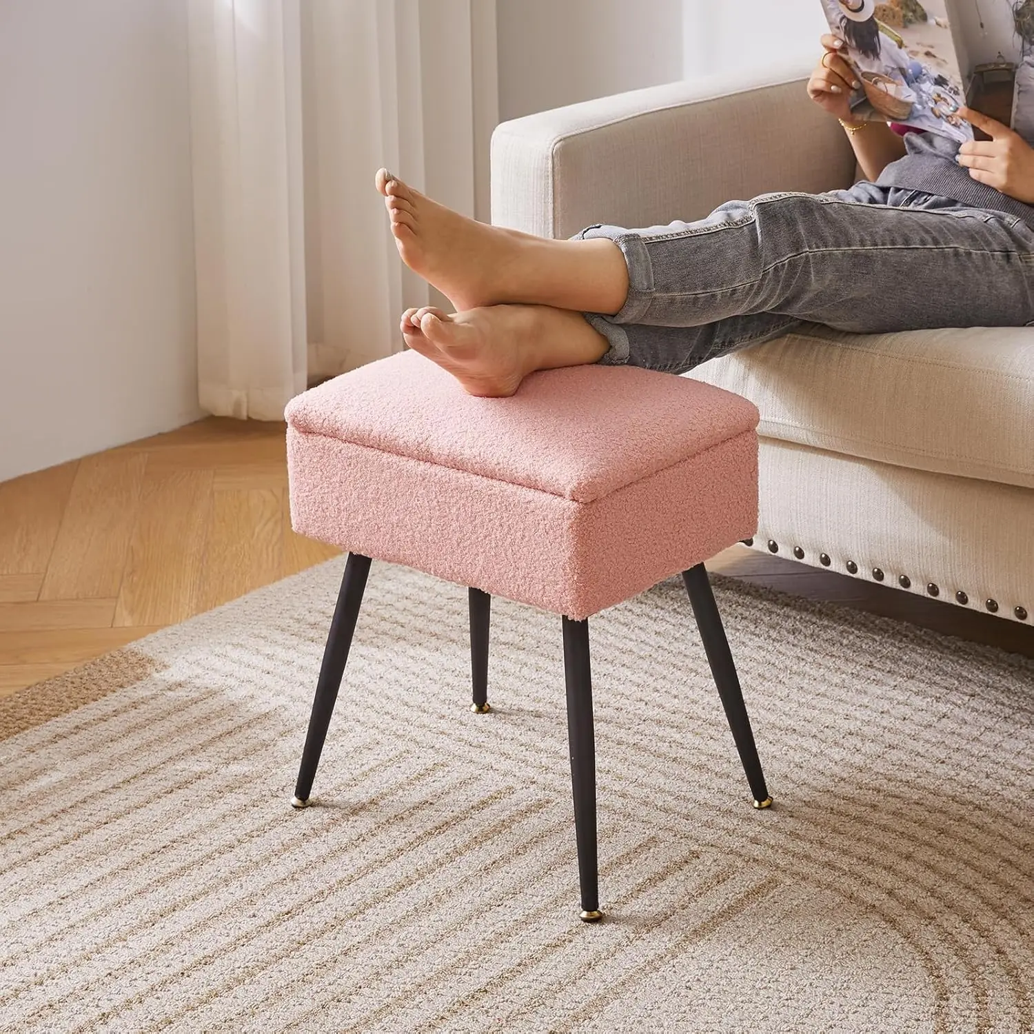 Stool, Pink Vanity Chair with Storage, Foot Stools Ottoman Small, Soft Faux Teddy Fur Stool with 4 Metal Legs