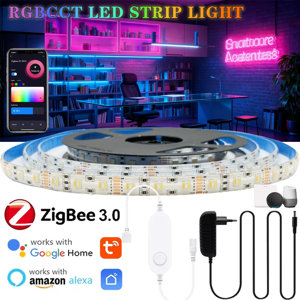 Zigbee3.0 DC12V 5050 RGBCCT LED Strip Lights Kit 1m-5m RGB+W+WW Flexible Dimmable Lights Home Decor APP Control for Alexa Google