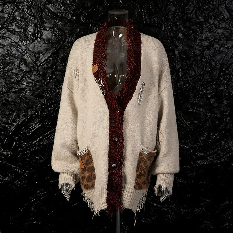 EAEOVNI Vintage Hollow Out Knitted Cardigan Women Fashion V Neck Contrast Color Streetwear Loose Sweater Coat Autumn Winter New