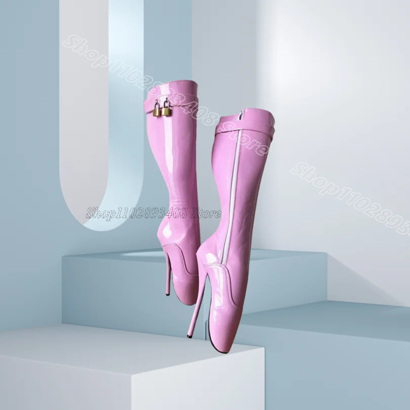 

Pink Ballet Side Zipper Boots Lock Decor Patent Leather Solid Women Fashion Dance Elegant Spring Boots 2025 Zapatos Para Mujere