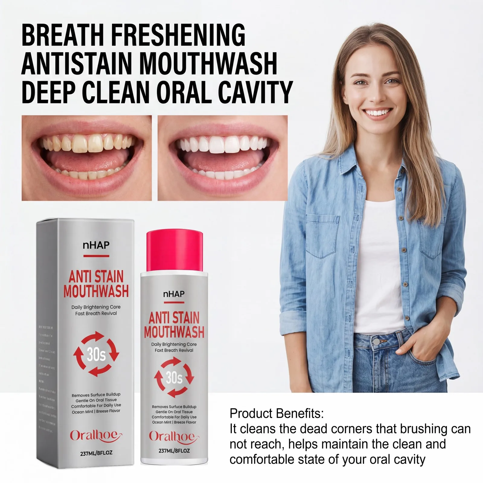 nHAP Anti Stain Mouthwash Whitening Mouthwash Breath Freshening Deep Clean Oral Care Removes Surface Buildup Mint Daily Use