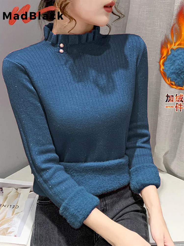 

MadBlack European Clothes Sweater Women Ruffled Collar Thicken Fleece Shiny Slim Top Long Sleeve Pullover Autumn Winter T30441JM