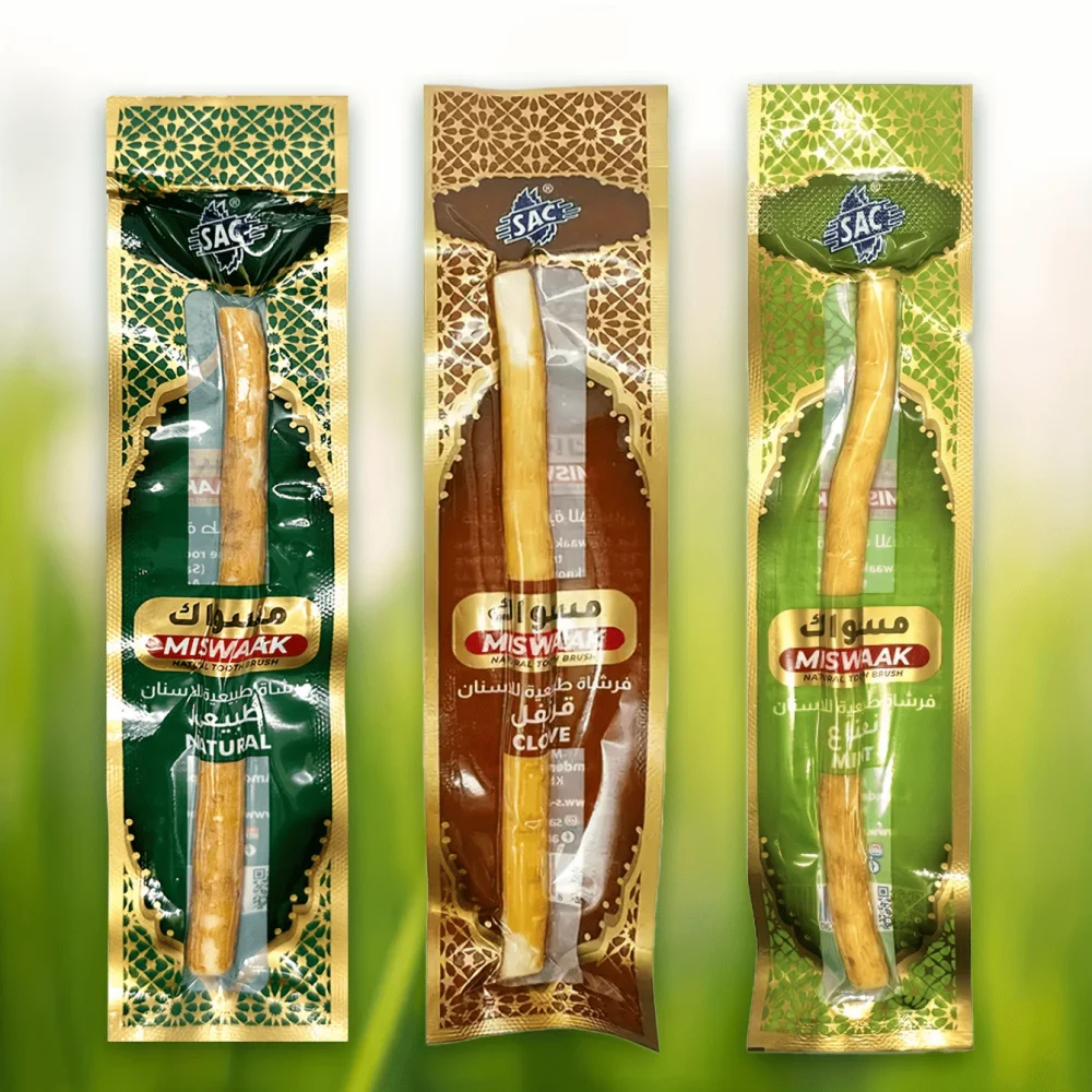 3 bastoncini di miswak ai gusti misti - Piante arabe naturali per denti sani e un alito più fresco (Menta, Originale e Chiodi di garofano)