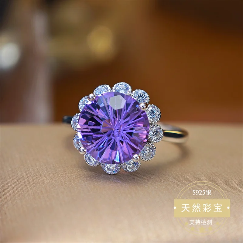 

Natural Amethyst Wedding Ring for Women 925 Sterling Silver Adjustable Size Girl Lady with Certificate Jewelry Gift