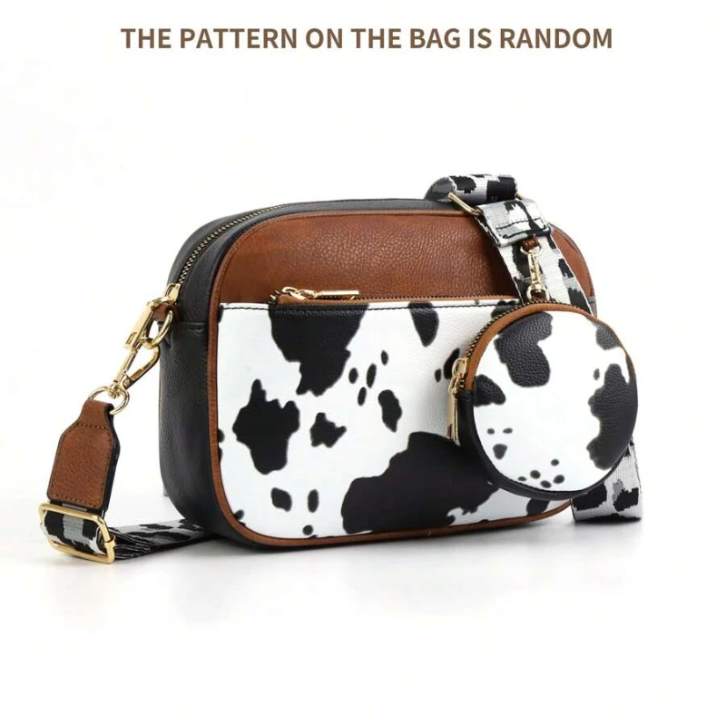 New Cow Pattern Colorblocking Retro Shoulder Bag Zipper Shoulder Strap Crossbody Purse Camera Bag For All Seasons
