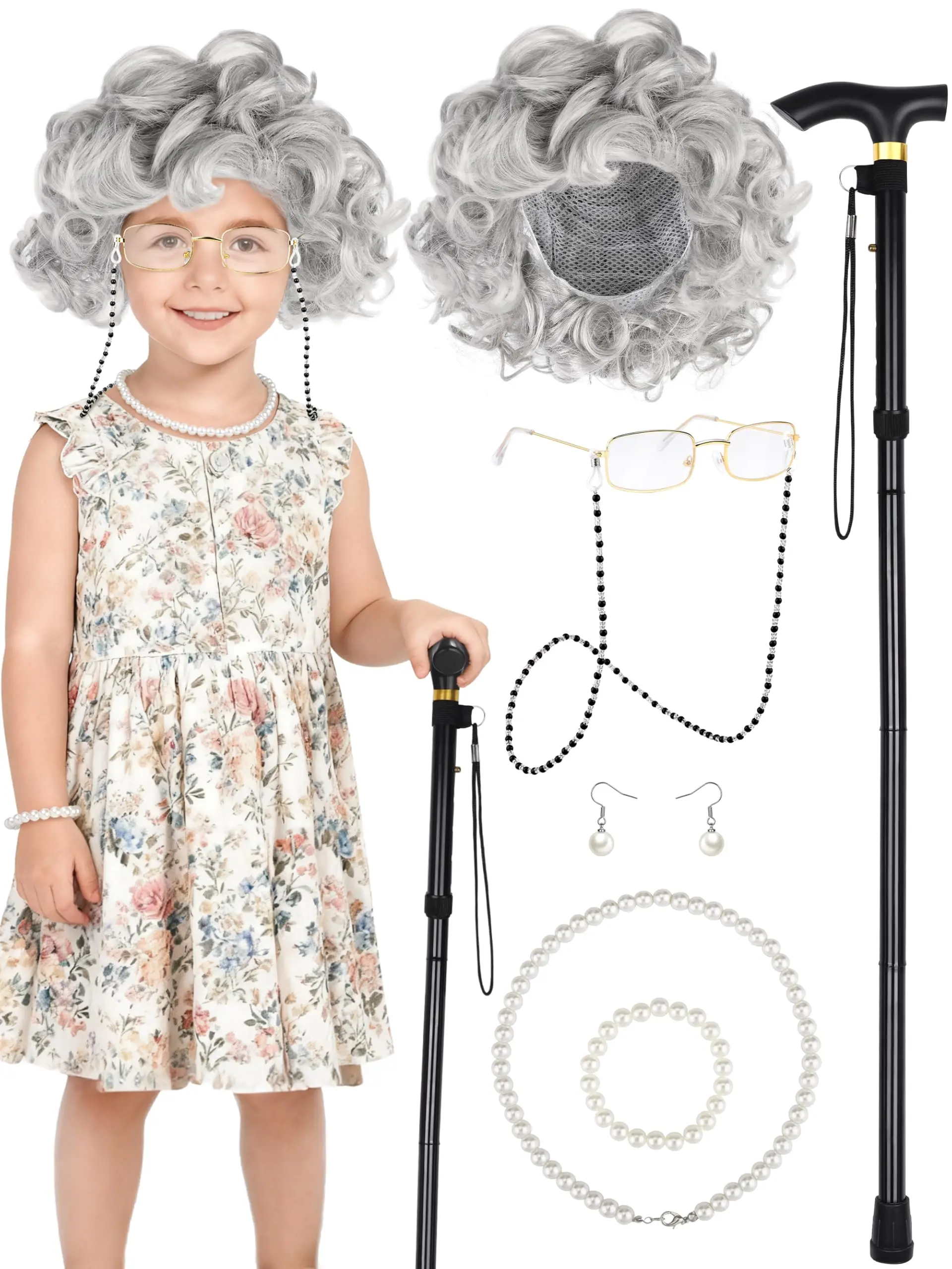 9-Piece Old Lady Costume Set for Women 100 Days of School Costume Grandma Wig Dress Up Cane Glasses Necklace Bracelet