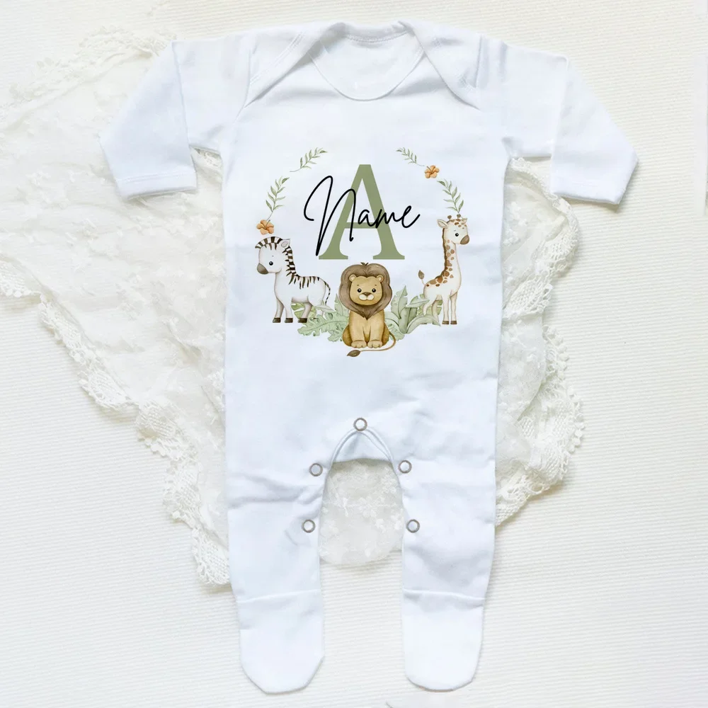 Personalised Babygrow Sleepsuit Forest Animal Wreath Print Baby Sleepsuit Custom Baby Coming Home Outfit Newbron Shower Gift