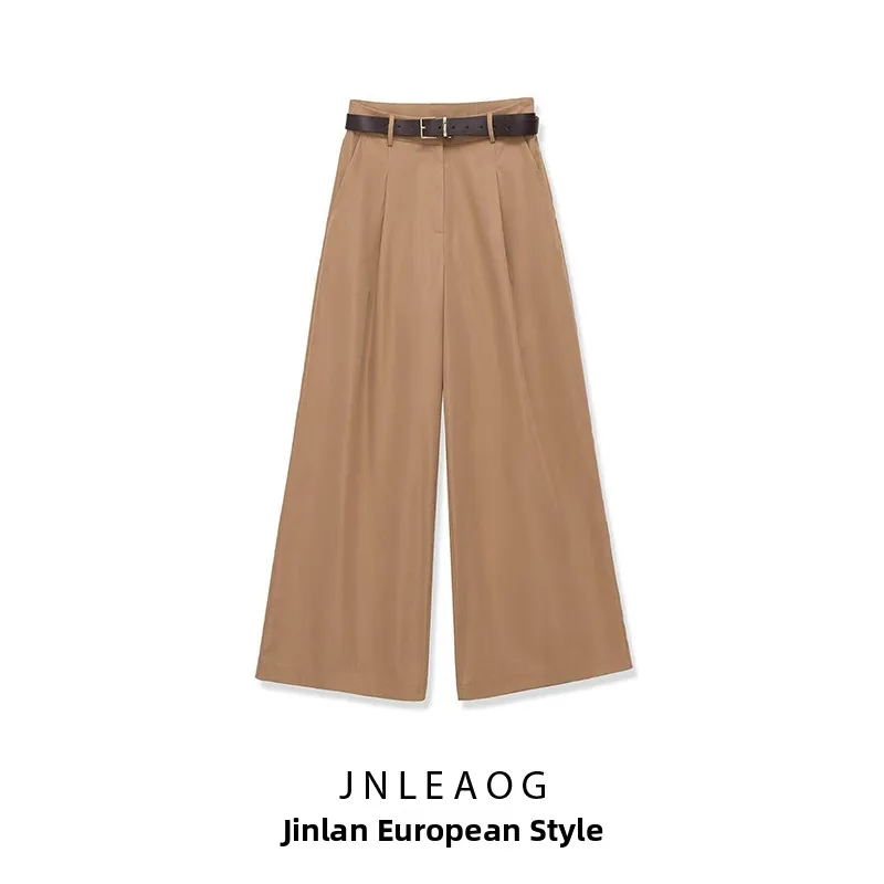 

Модные женские брюки с высокой талией и поясом, широкие штанины, новинка весеннего сезона, повседневные брюки со складками для женщин, из полиэстера