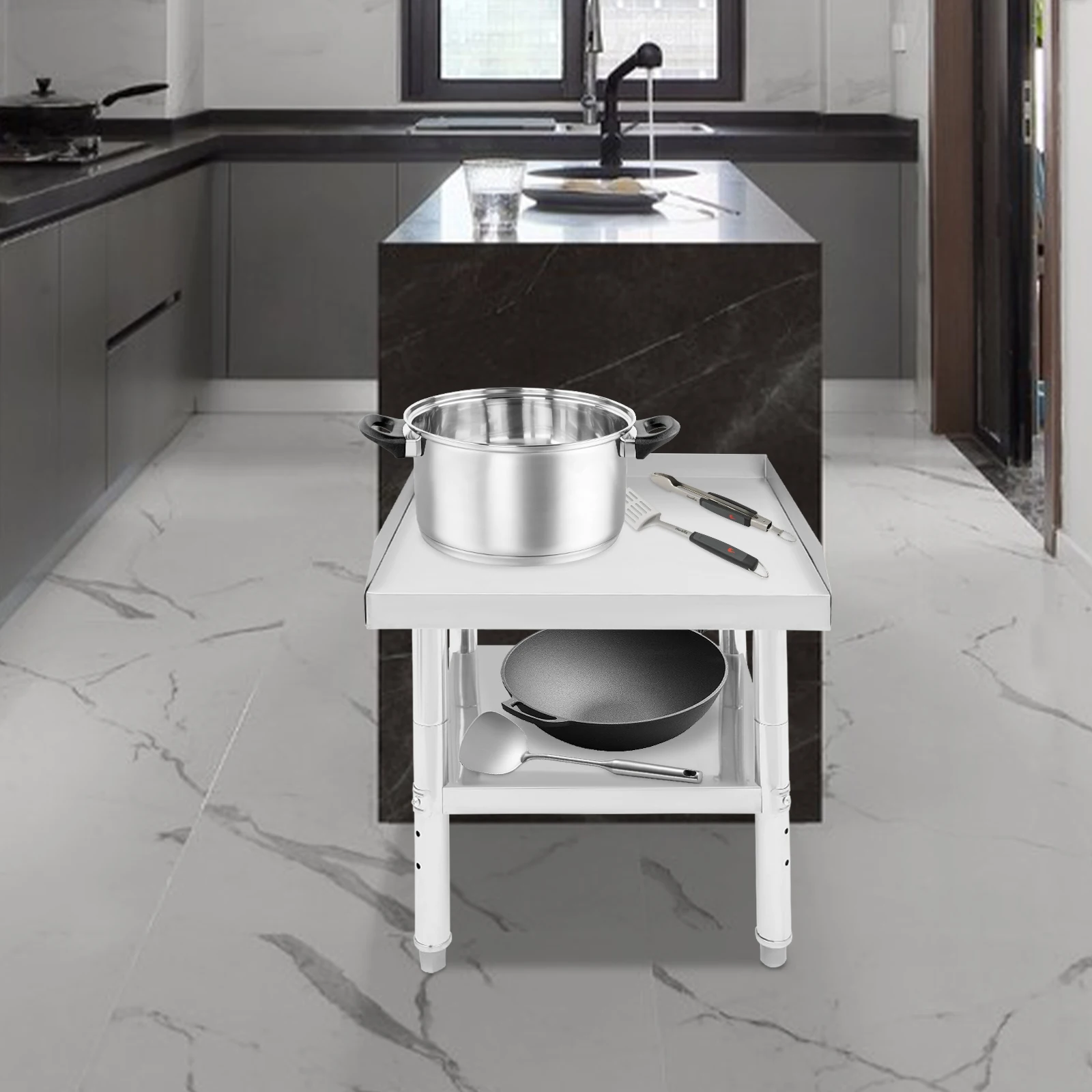 24*24*24-25in Silver Commercial Work Table, Adjustable Work Table with Backsplash, Prep Table for Kitchen, Restaurant, Garage