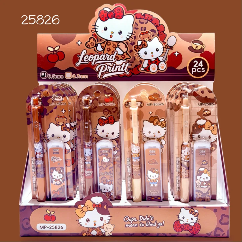 

New model Kawaii Leopard Print Hello Kitty Mechanical Pencil Set 0.5mm Automatic Pencil Refill Student Pencil Sharpening Station